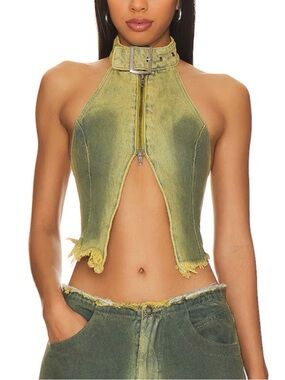 NWT Jaded London Toxic Green Denim Buckle Neck Top in Green Wash